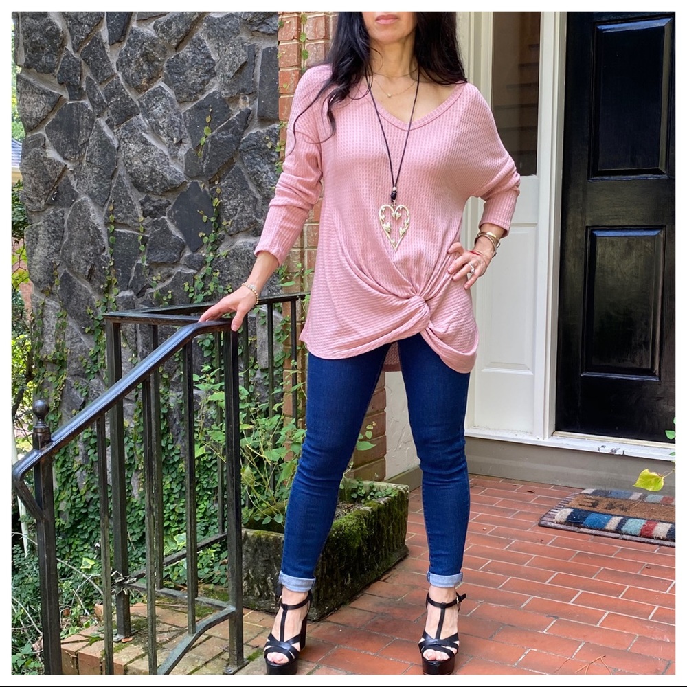 Waffle knit long sleeve tunic with front twist - Picture 6 of 9